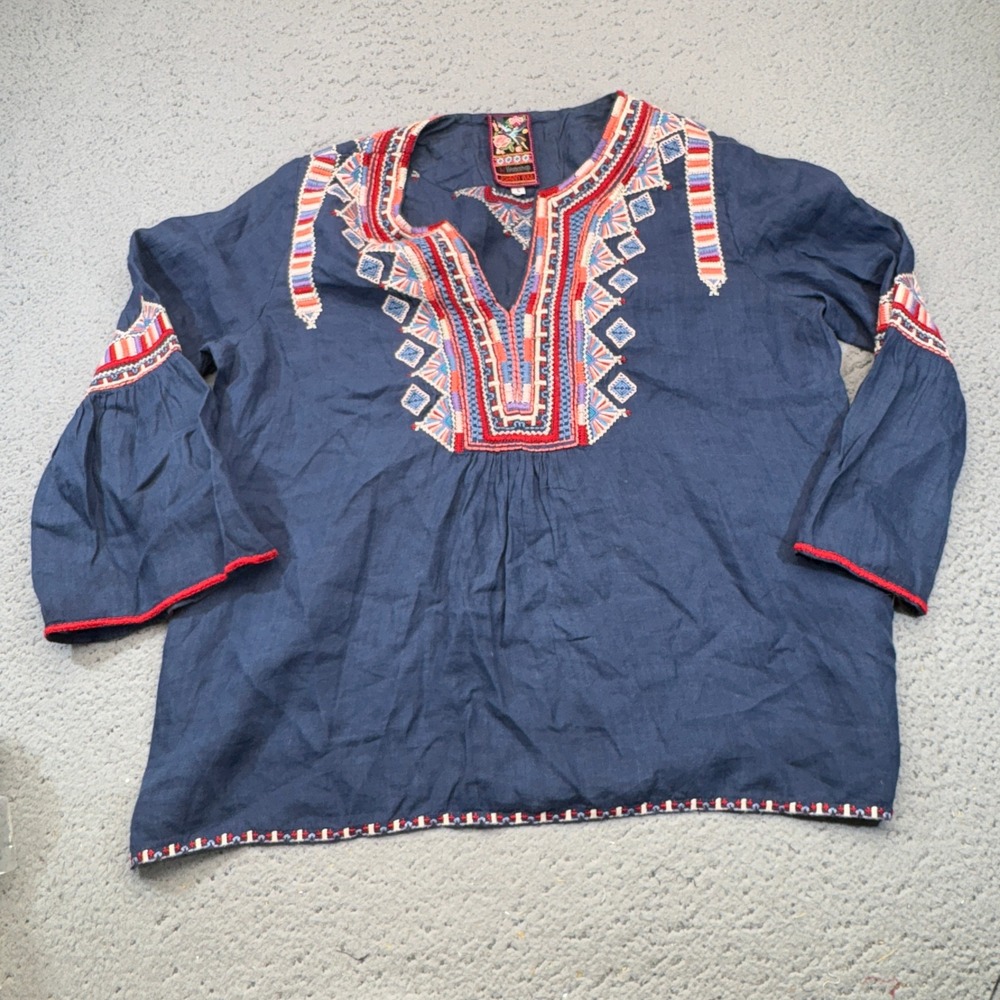 Johnny Was Shirt Women Small Blue Floral Tunic Embroidered Split Neck Ramie Top